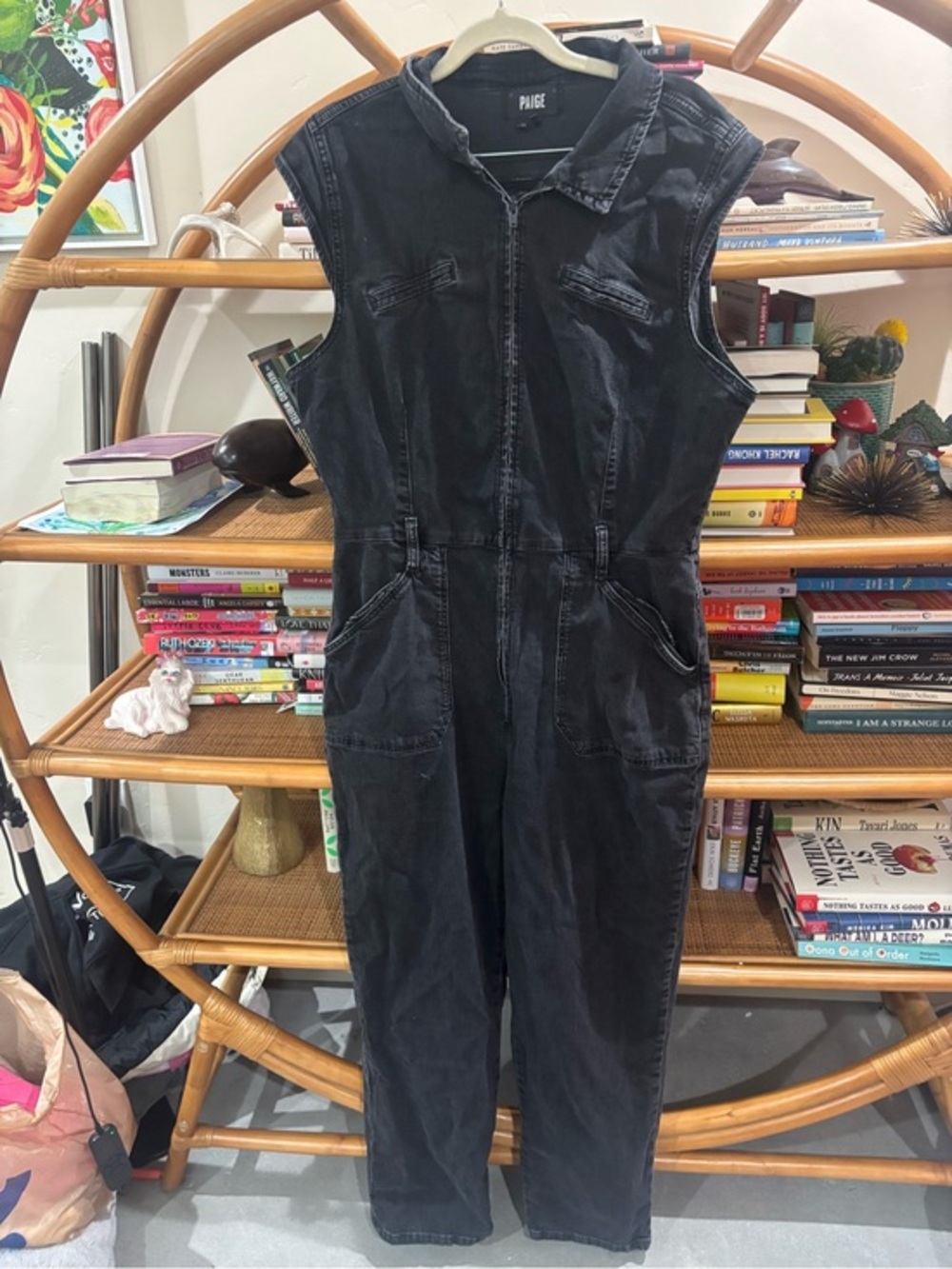 PAIGE Kids Black Sleeveless Denim One-Piece Jumpsuit with Front Pockets